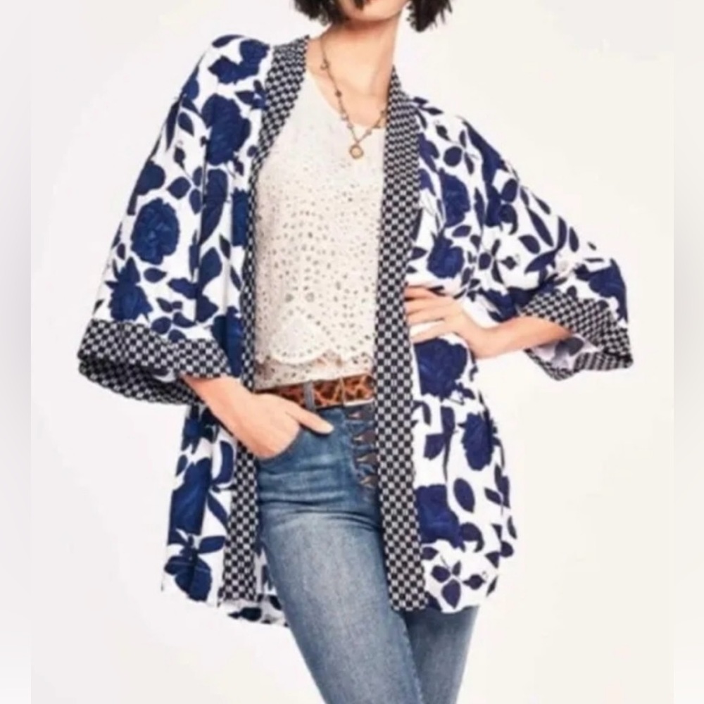 Cabi #5661 White and Blue Floral Botanical Kimono